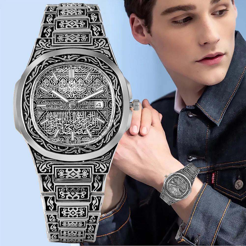 New Mens Watch Top Brand Luxury Silver Vintage Embossed Alloy Band Watch Fashion Business Quartz Wristwatch Gift for Boyfriend