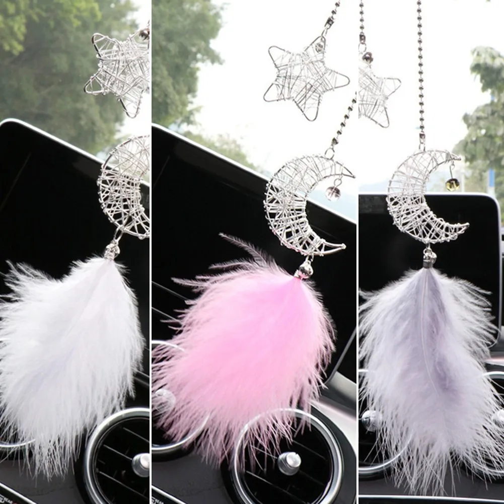 

Universal Car Decoration Rearview Mirror Female Ornaments Starry Moon Dream Mirror 24CM Car Ornaments Metal+feather