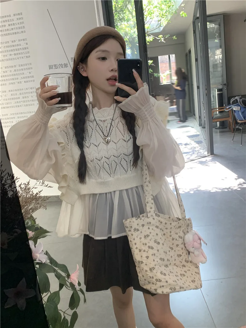 

GM4504 Ранняя осень 2023 новая Корейская версия Милая сращенная темпераментная тонкая трикотажная с длинным рукавом