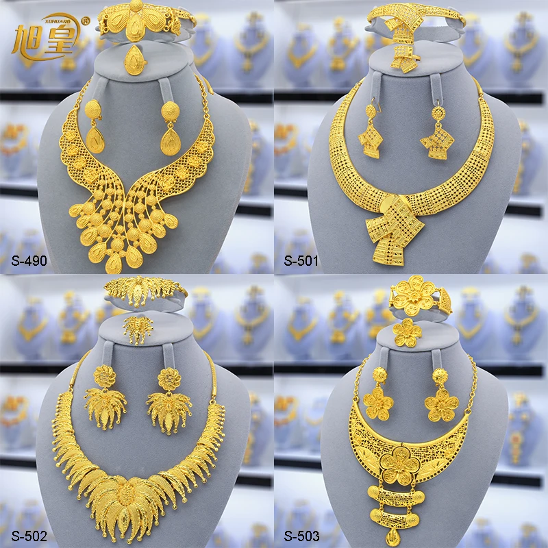 

XUHUANG African Wedding Gold Plated Luxury Necklace Bracelet Set For Women Arabic Charm Choker Jewelry Set Bridal Wedding Gifts