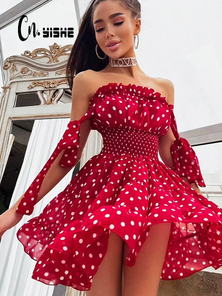 

CNYISHE Sweet Boho Dress Sexy Cute Red Polka Dot Print Summer Sundress Women Ruched Dress Robes Femme Party Off Shoulder Dresses