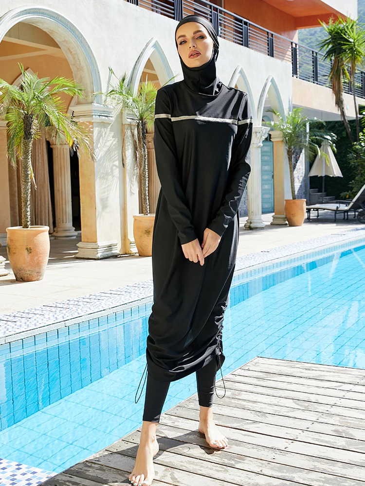 

LIZHILIZHI Sun Protection Full Surrounding Swimwear Solid Color Wetsuit Three Piece Women's Muslim Clothing Vacation Beach