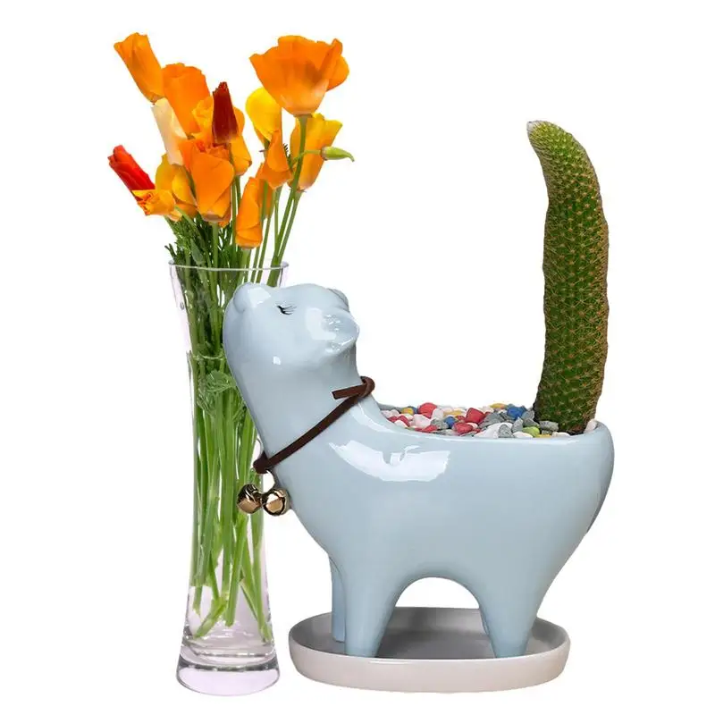 Симпатичный цветочный горшок с кошачьим хвостом, Мультяшные животные, керамическая ваза, индивидуальный кактус, суккулент, настольный садовый декор