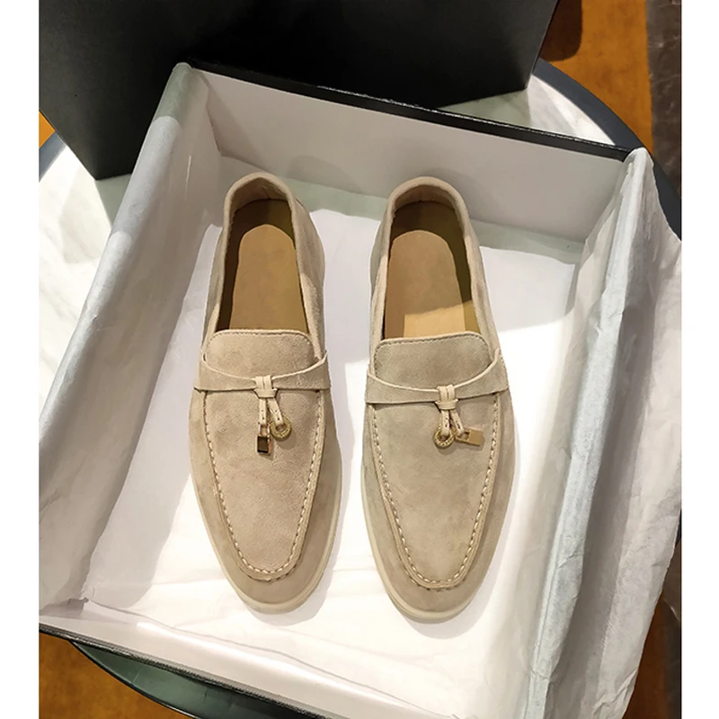 

LP Multicolor Real Leather Suede Comfortable flat Shoes for Women Round Toe metal lock Decoration Causal Shoes Women