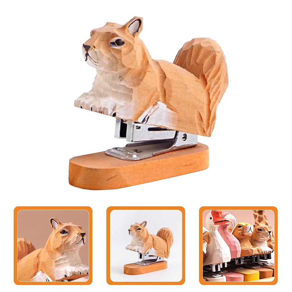 

Stapler Set Wooden Animal Squirrel Staplers Desk Squirrel Desktop Stitcher Handmade Wood Carving Statue Sculpture