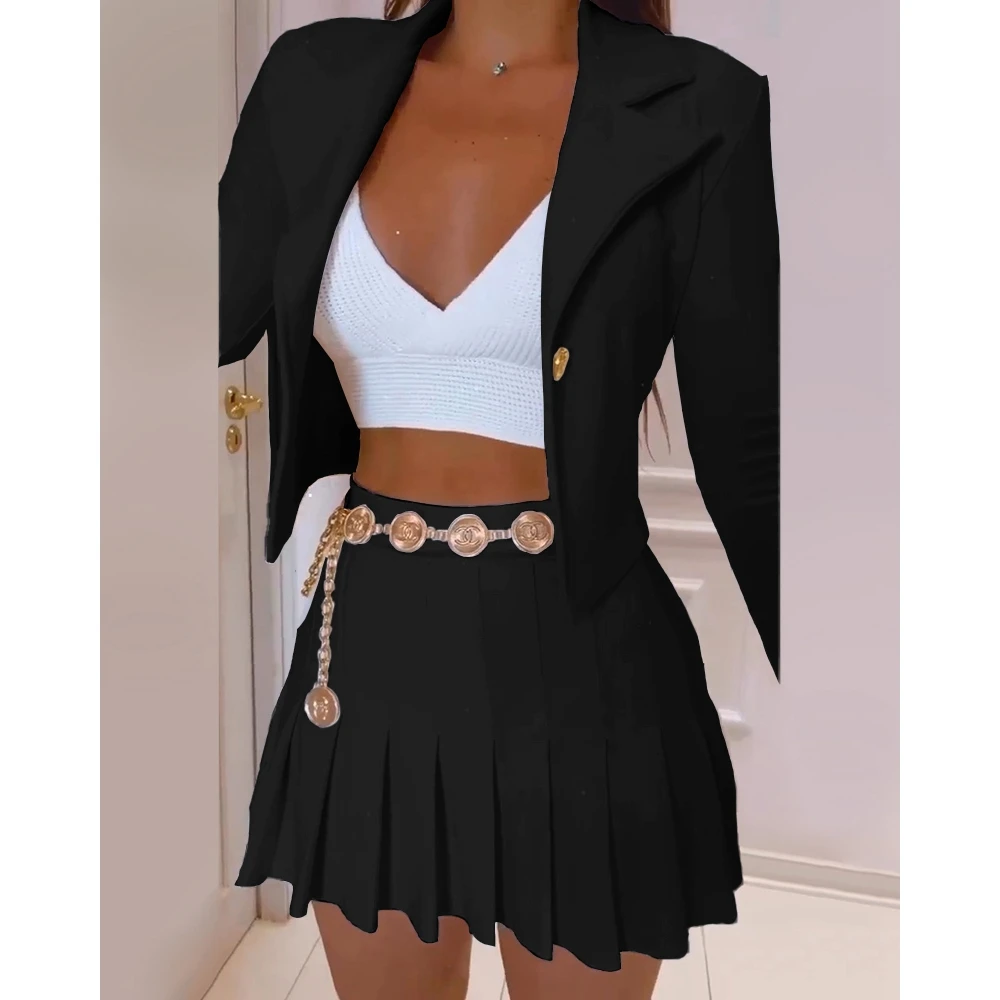 

Spring And Autumn Women New Two-piece Fashion Net Red Fried Street Black Small Suit Long-sleeve Jacket+Casual Pleated Skirt Suit