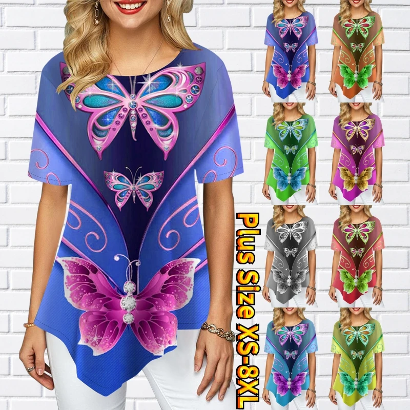 

Summer Women's Basic Short-sleeved Butterfly Print Top Fashion Casual Round Collar T-shirt Everyday Elegant Temperament Clothing