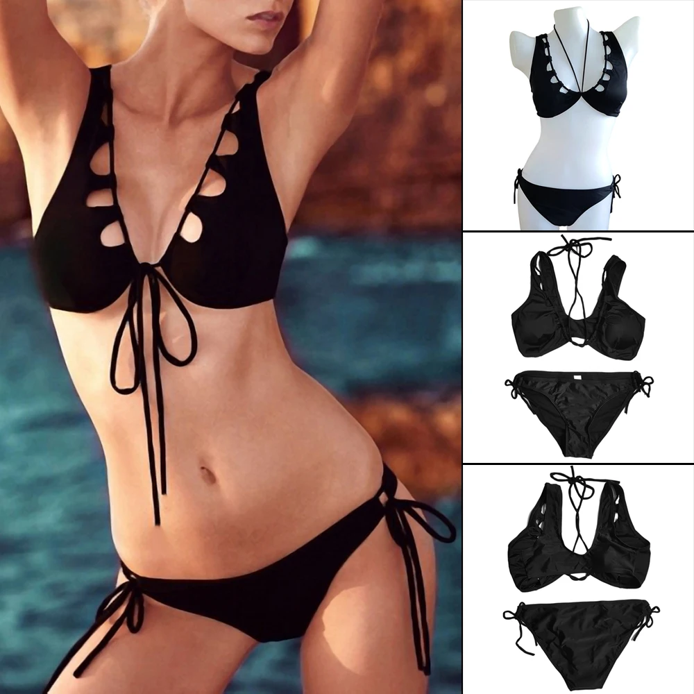 

Sexy Women's Swimsuit Black Hollow Tie Bikin 2-Piece Summer Bathing Suit Thin Underwear Sunbathing Clothes Spa Clothing ASD88