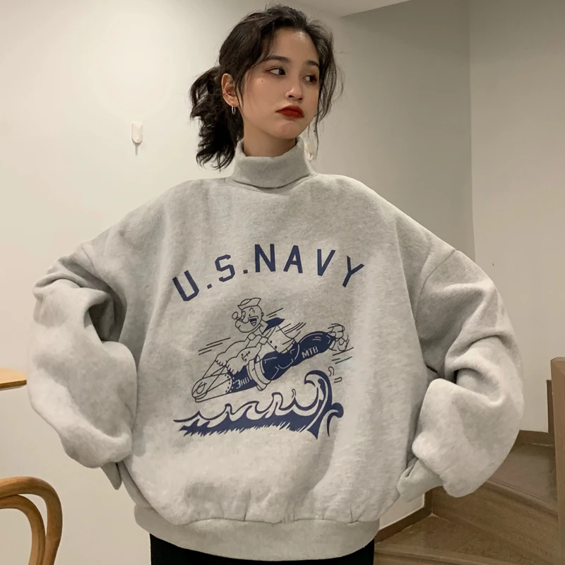 

Sweatshirt Women Fall/Winter Harajuku Punk Style Oversized Lazy Cartoon Letters Plus Velvet Turtleneck Pullover Women Sweatshirt