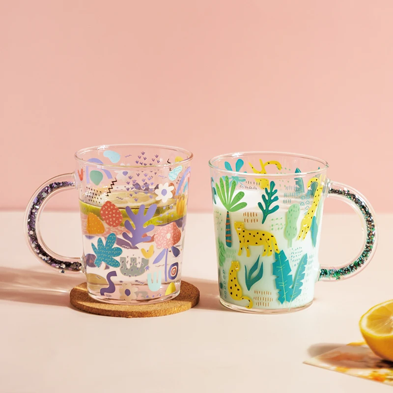 

410ml Cartoon Crystal Handle Mug Glass Coffee Cup Breakfast Milk Oatmeal Cup Party Restaurant Drinkware Juice Beer Mugs