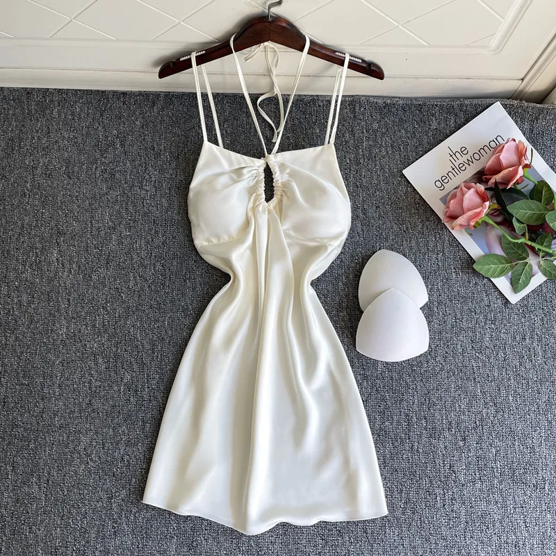 

FZSLCYIYI Sexy Women Nightgown Suspender Nightdress Sleeveless Sleepwear Drawstring Hollow Out Sleep Dress Lingerie