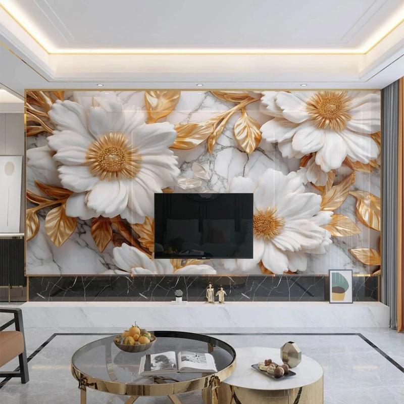 

Custom Size Wallpaper 3D Embossed Daisy Flowers Marble Pattern Wall Mural Paper Living Room TV Background Modern Home Decortion