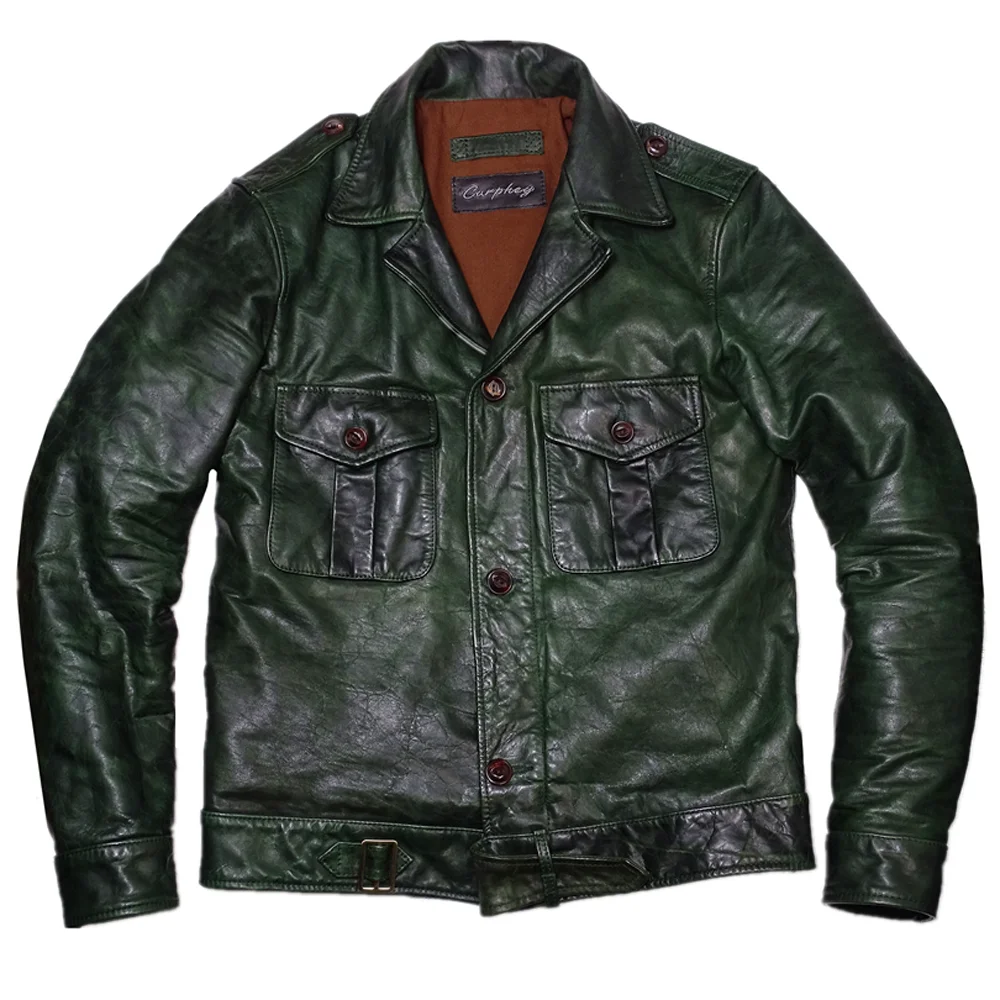 American Designer Biker Man's Coat Horsehide Leather Plus Size 5XL Big Tall Men Bomber Jacket Genuine Leather Green Windbreaker