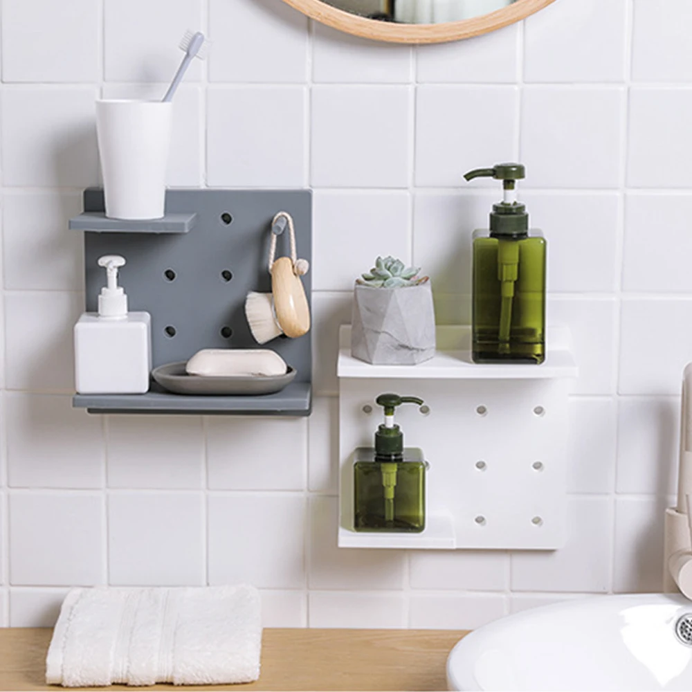 

1pcs Bathroom Shelf Shower Caddy Organizer Wall Mount Shampoo Rack With Towel Bar No Drilling Kitchen Storage Accessories