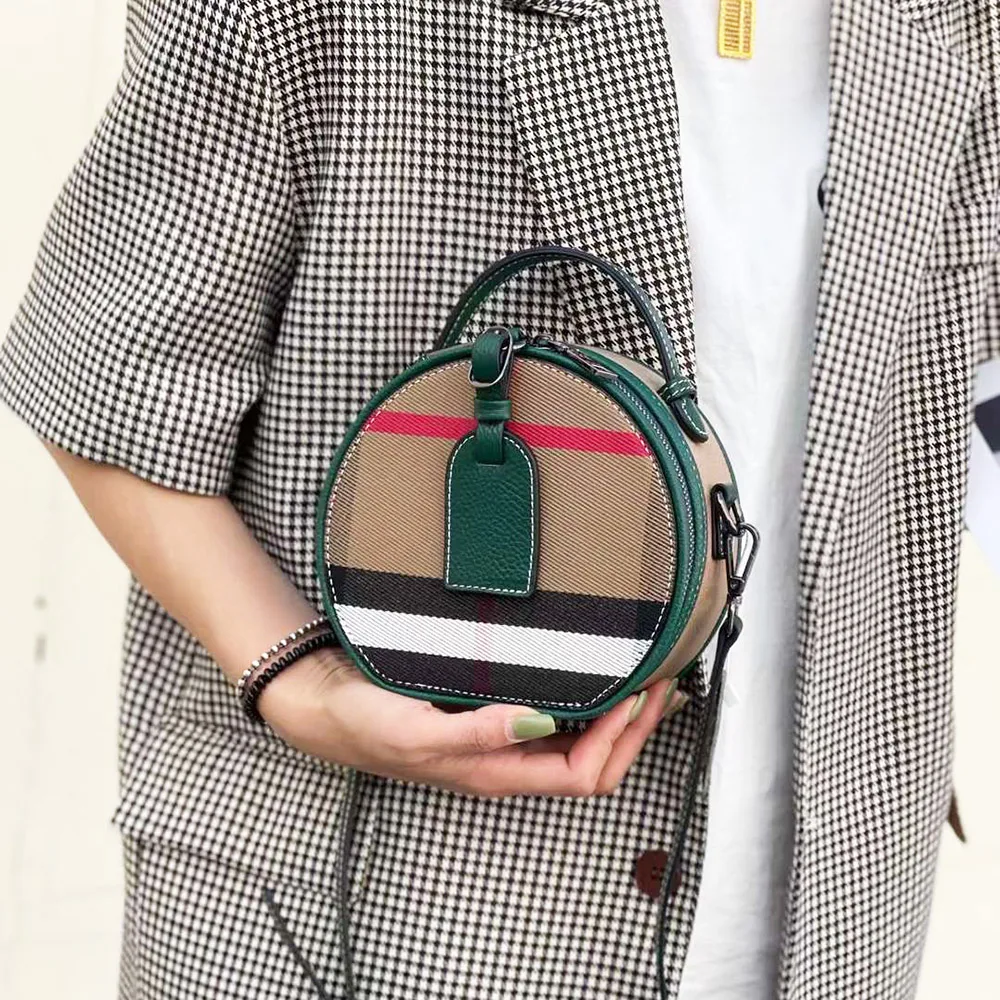 

Round Women Shoulder Bag Luxury Plaid Striped Canvas Circle Handle Messenger Bag Versatile Small Leather Purse Crossbody Handbag