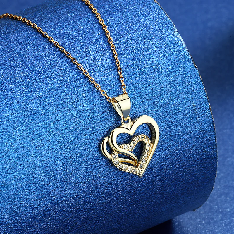 

925 Sterling Silver Gold Heart-Shaped Diamond Zircon Pendant Necklace Women's Fashion Jewelry Jewelry New Silver Ladies Necklace