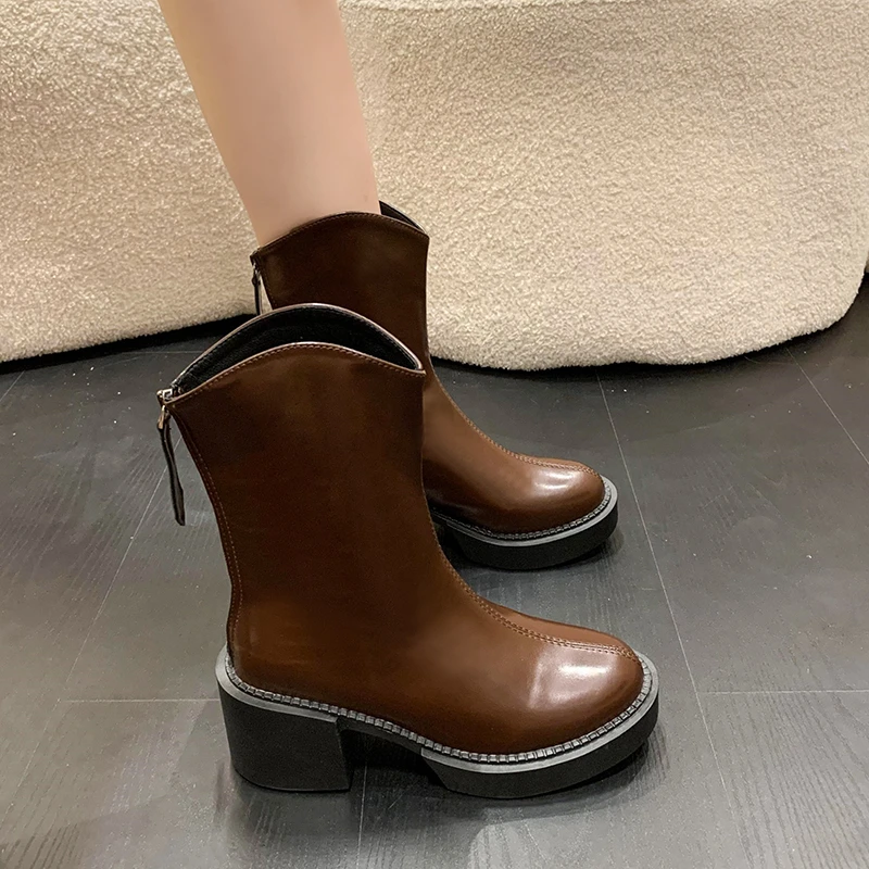 

Autumn Genuine Leather Platform Women Round Toe Short Boot Shoes Ankle Elastic Boots Handmade Chunky Heightening Chelsea Boots
