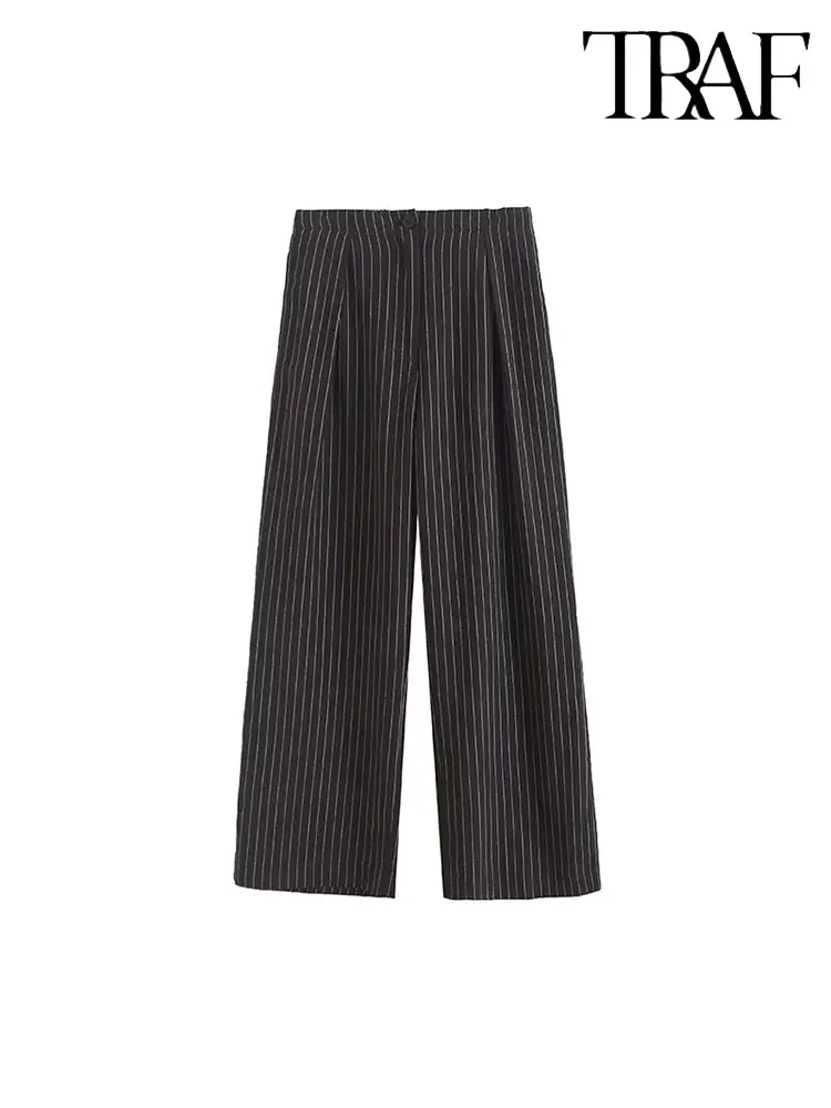 

Брюки TRAF женские с широкими штанинами, модные повседневные длинные штаны с принтом в полоску, на молнии, с карманами, 2023