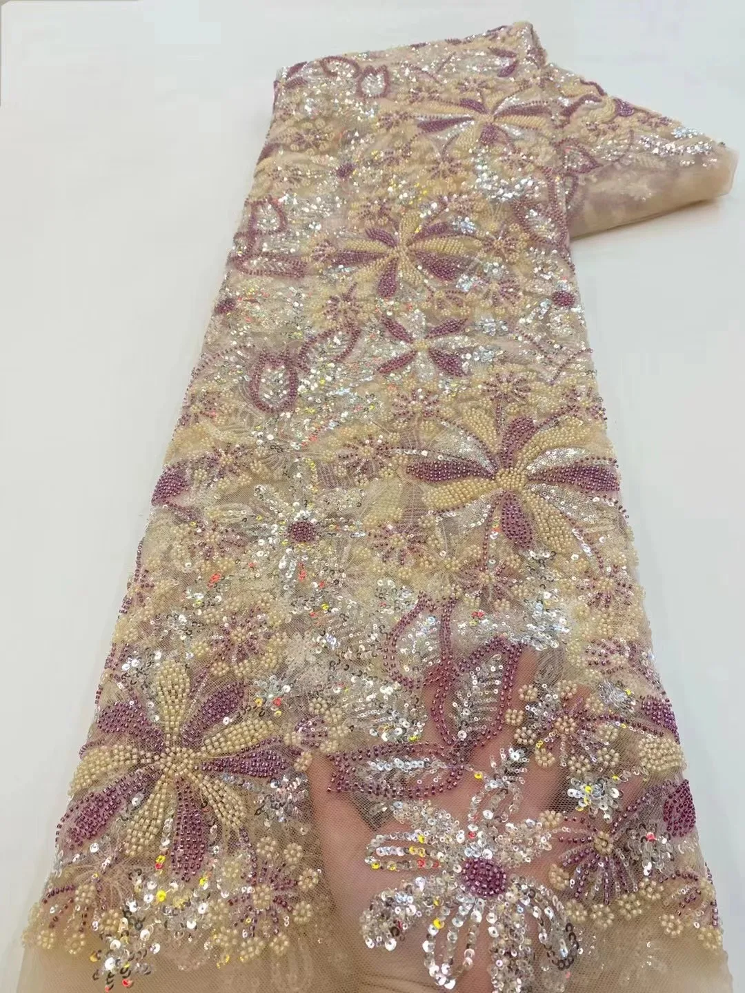 

2023 High Quality African Embroidery Heavy Handmade Beaded French Luxury Tulle Lace Fabric For Women Party Dress