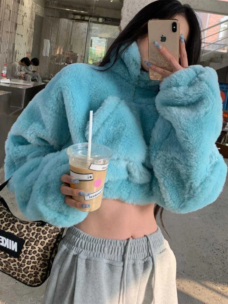 

Fashion Stand Collar Blue Lamb Wool Fleere Warm Cropped Sweatshirt Women 2022 Autumn Winter Casual Thick Pullovers Streetwear