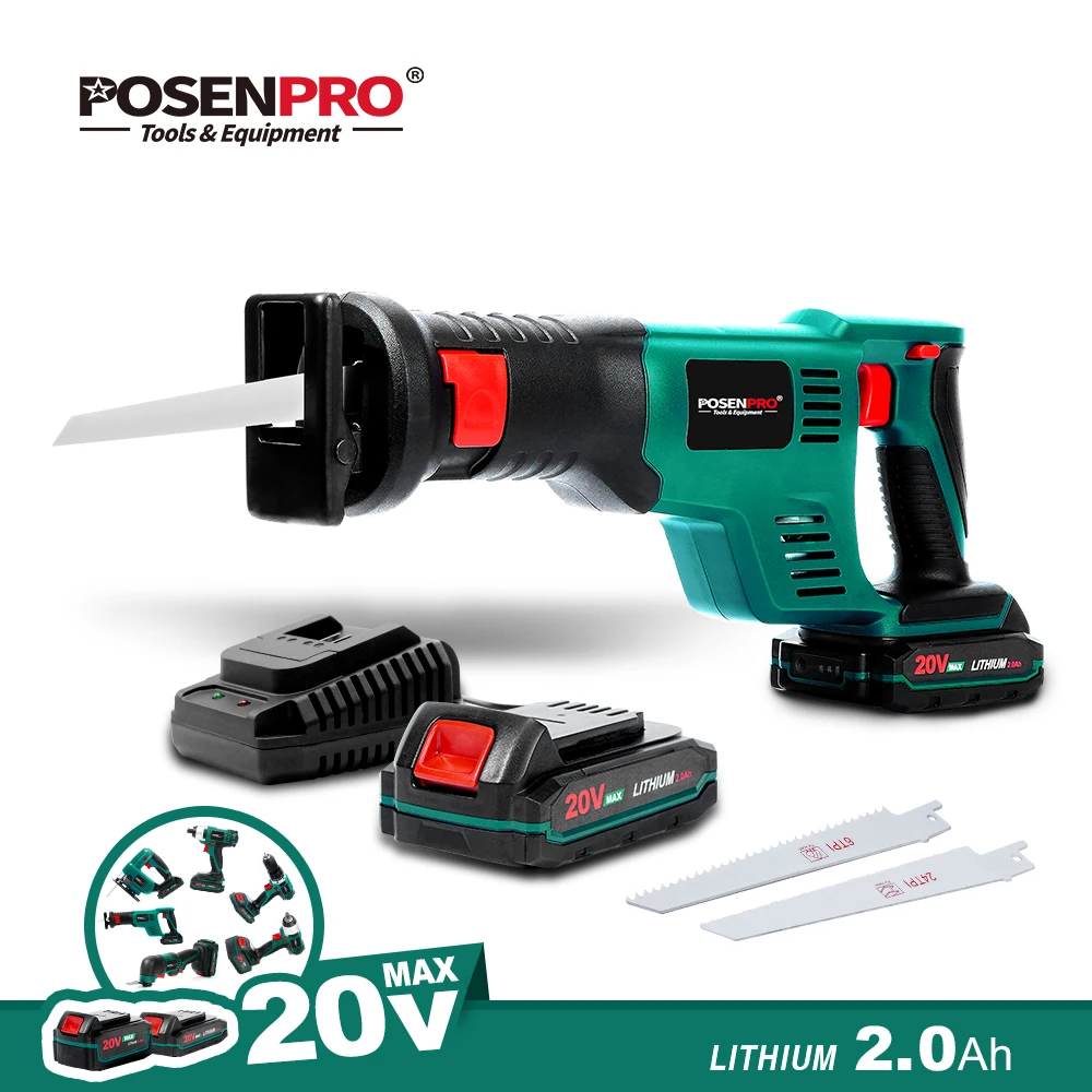 

POSENPRO 20V Cordless Electric Reciprocating Saw 2.0Ah Battery 22mm Stroke with Saw Blades Sawing Cutting Tool