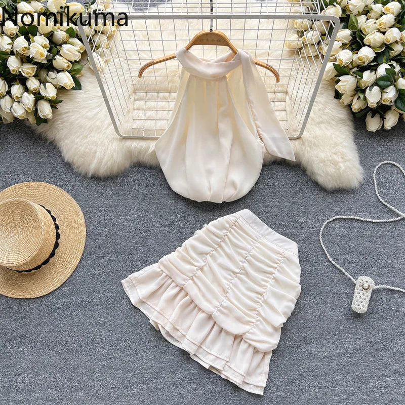 

Nomikuma Conjuntos De Falda Summer Halter Sleeveless High Waist Pleated Ensembles De Jupes Elegant Fashion Skirt Two Peice Set