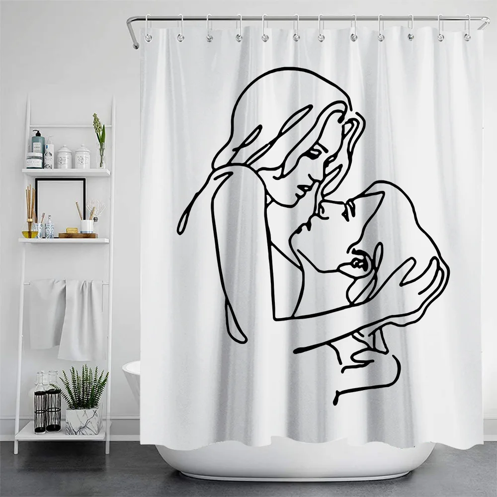 Modern Simple Line Shower Curtain Stick Figure Series Waterproof Polyester Bathroom Curtains Background with Hooks Home Decor