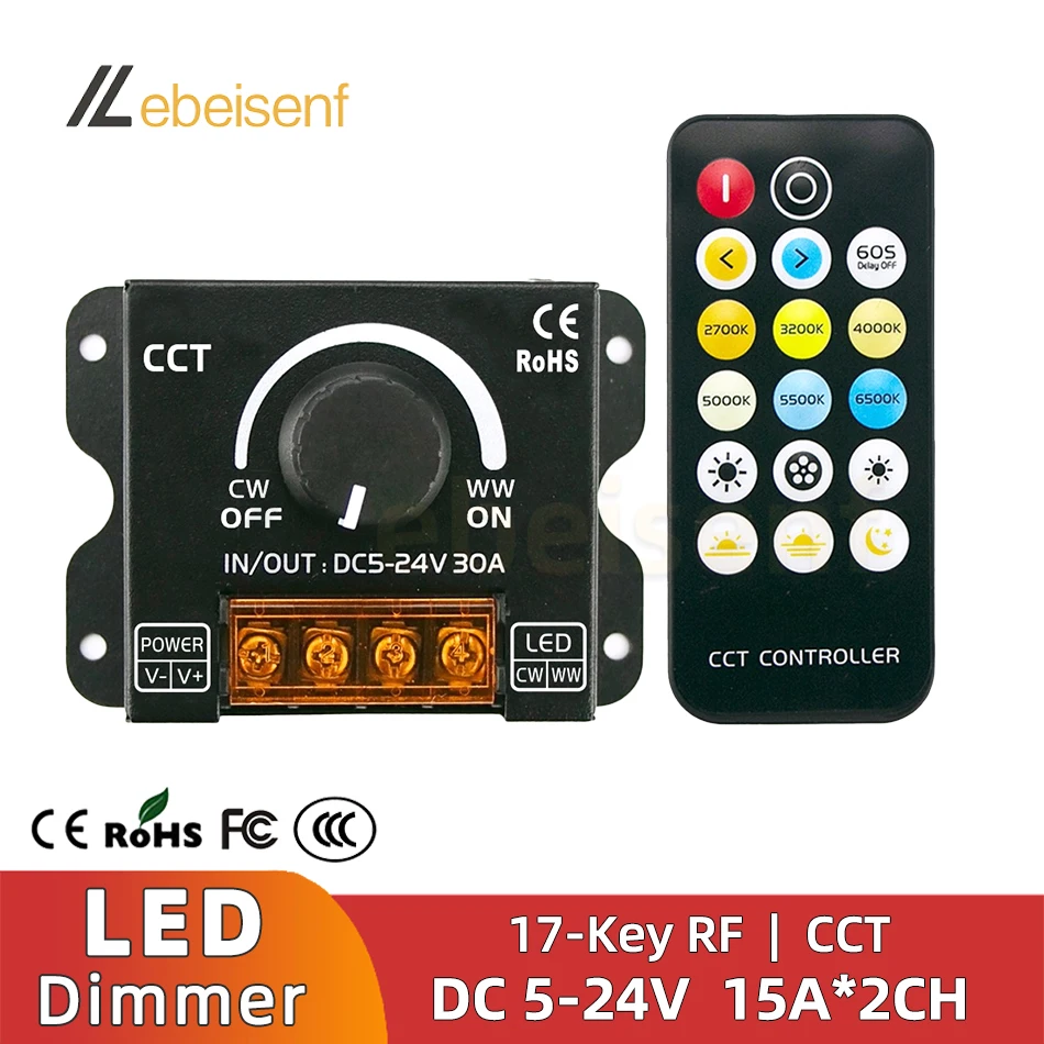 

Dual Color CCT LED Strip Knob Dimmer DC 5-24V 30A 2-Channel Constant Voltage PWM Dimming Signal Controller with RF 17-Key Remote