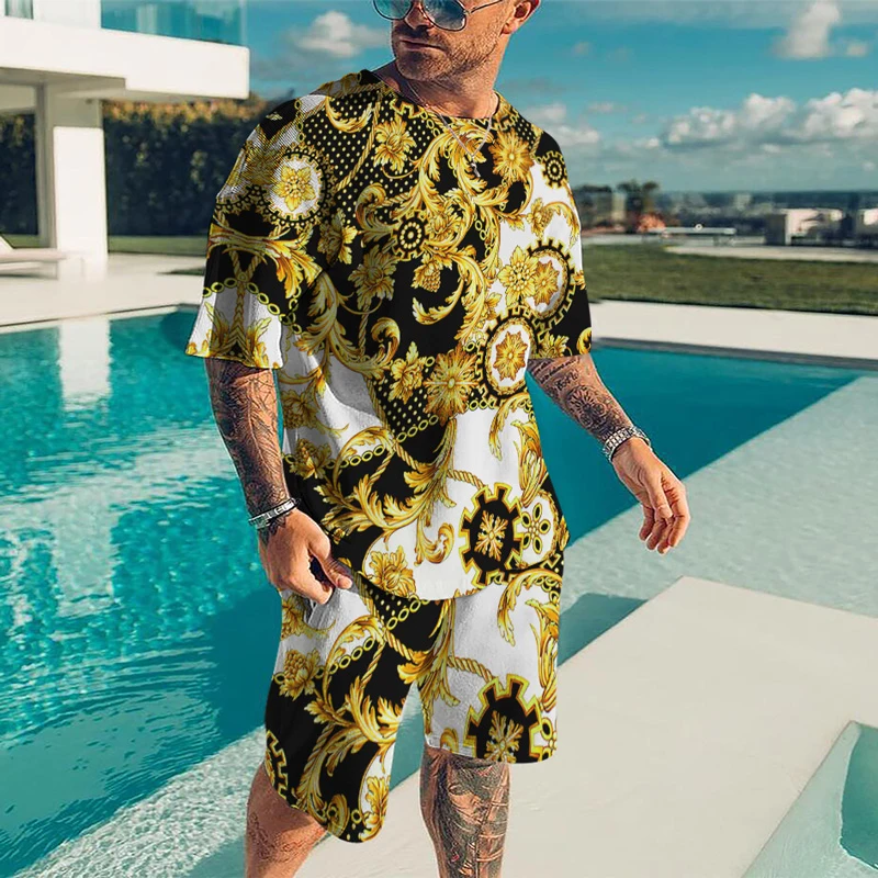 

Men's Summer Two-Piece Gold Statue Pattern Sports T-Shirt for Young Adults Large Size Street Casual Short Sleeves + Shorts 2022