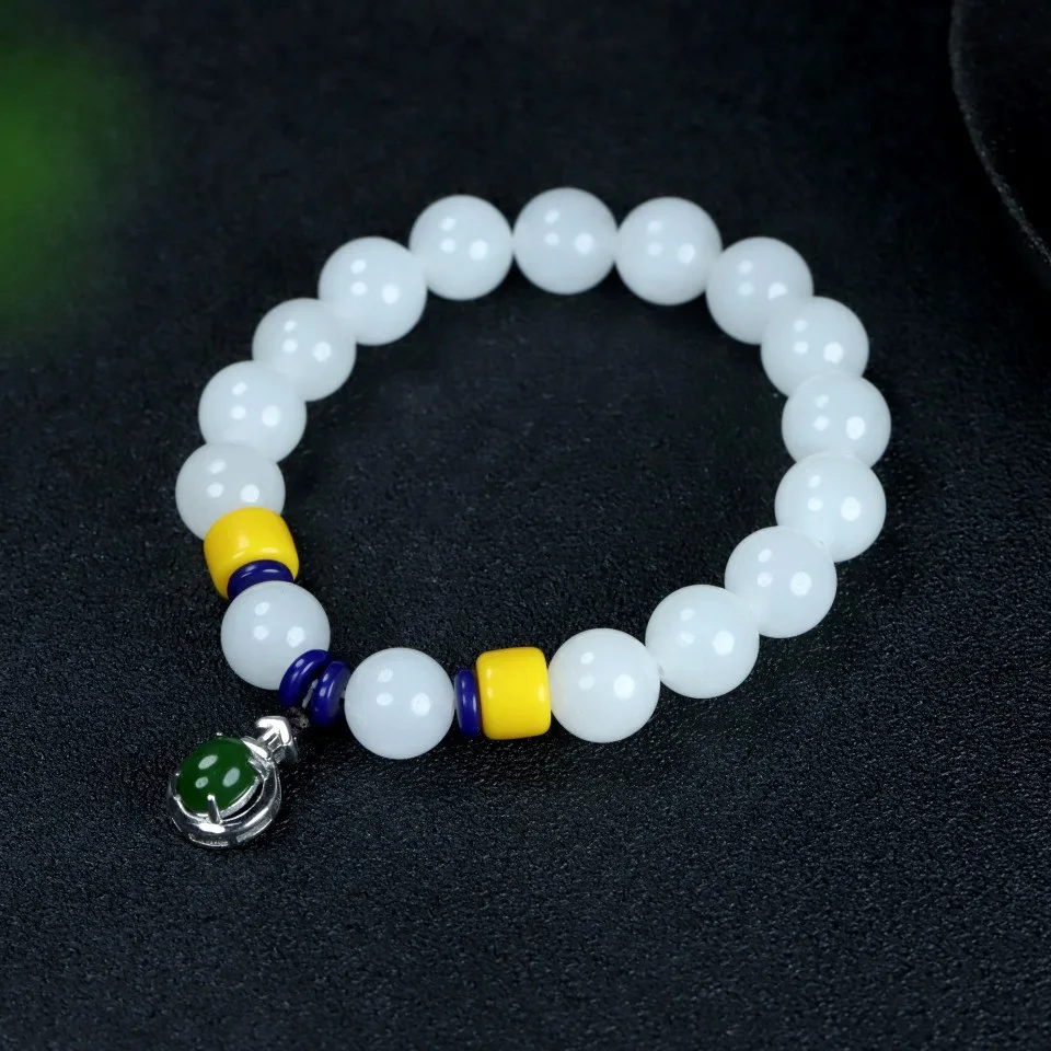 

10mm Natural White Jade Bracelet With S925 Sterling Silver Green Nephrite Arrow Charm Chinese Hetian Jades Bracelets Men Women