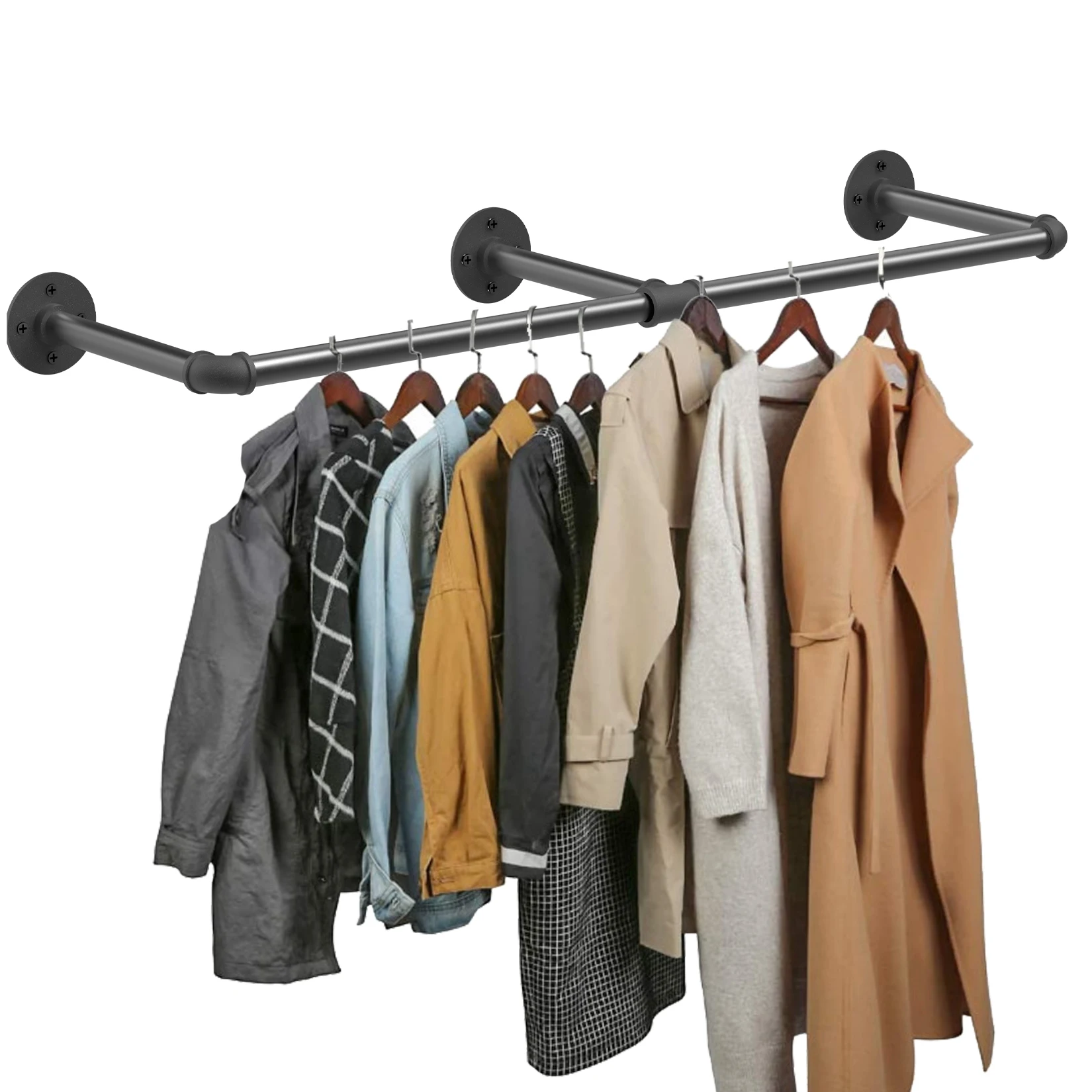

180cm Bedroom Garment Home Rail Multipurpose Wall Mounted Industrial Pipe Clothes Rack Space Saving Hanging Shelf with 3 Hooks