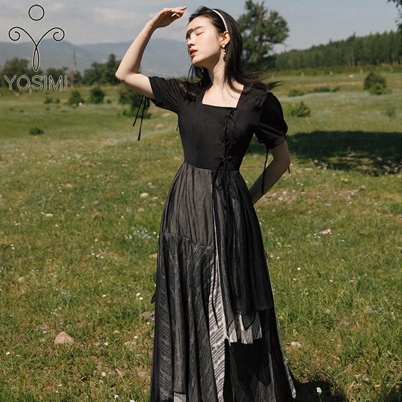 

YOSIMI Черное длинное женское платье 2023 летнее винтажное лоскутное кружевное длинное платье до середины икры с каскадными оборками и коротким...