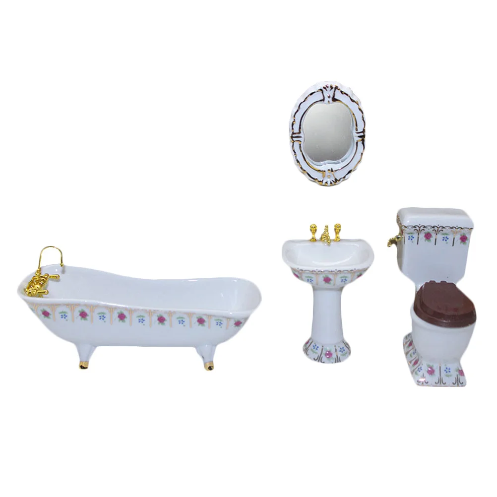

4pcs Mini House Porcelain Bathroom Set Miniature Toilet Basin Bathtub Mirror Scene Accessory