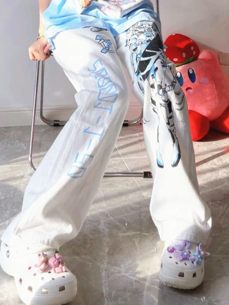 Женские белые брюки QWEEK Y2K с аниме-принтом широкие в японском стиле кавайные