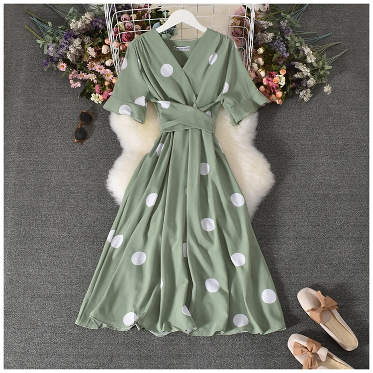 

Dress Women Polka Dot Long Elegant French Retro V-Neck Dress Bandage Waist Slimming Dress Female Clothes Fashion Party Dresses