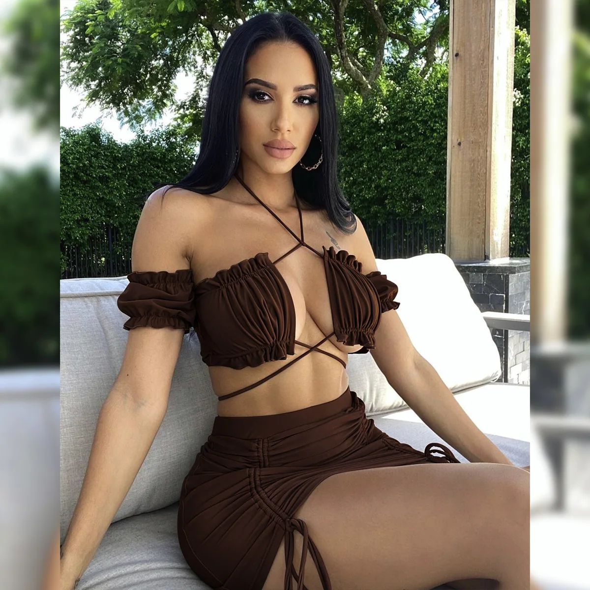 

Women Summer Skirt Sets Sexy Beach Style Bandage Ruched Halter Neck Short Sleeve Top and Skirts Set Summer 2 Pieces Set Outfits