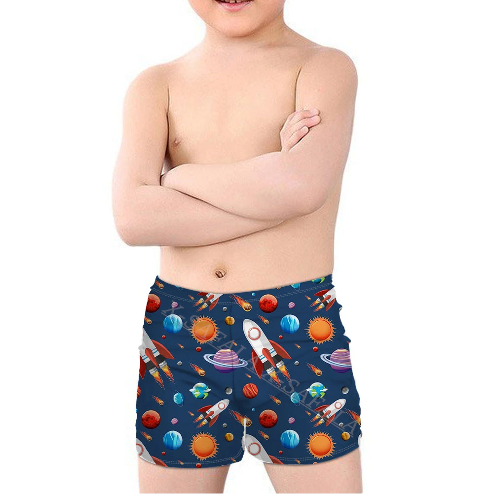 

Купальник для мальчиков 4-14 лет, летняя пляжная одежда с мультяшным принтом космических кораблей, ракеты, космоса, плавки, купальник-9