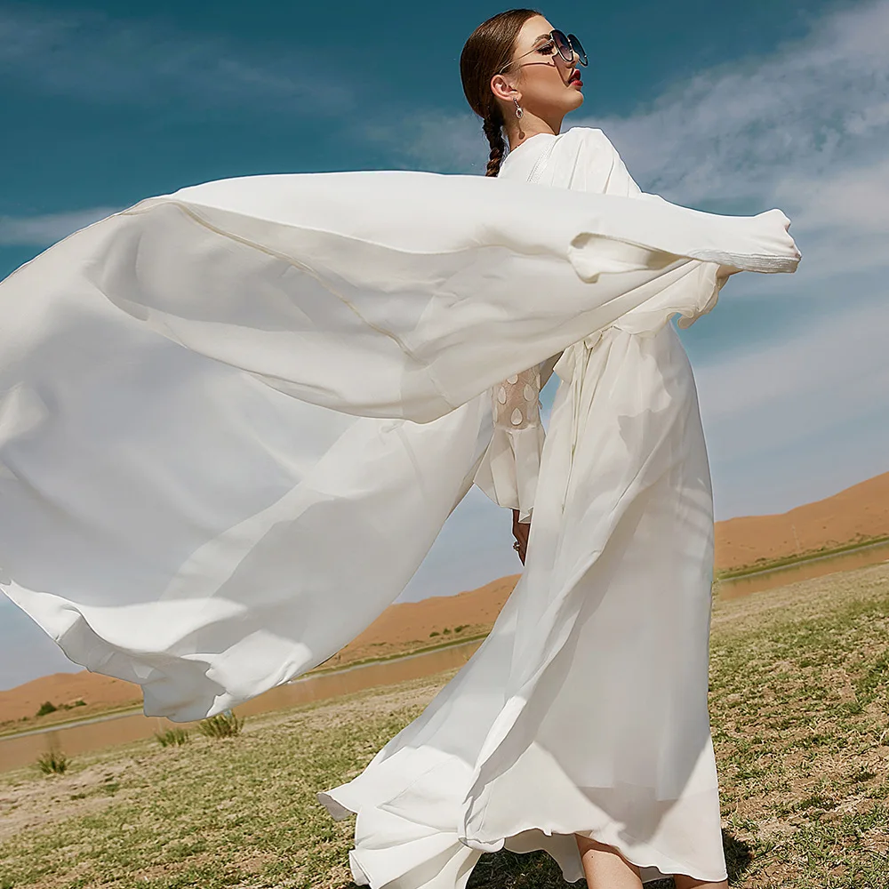 Eid Mubarak Open Abaya Kimono Dubai Turkey White Satin Kaftan Muslim Capes for Women Long Cardigan Islam Shawl Pakistani Clothes