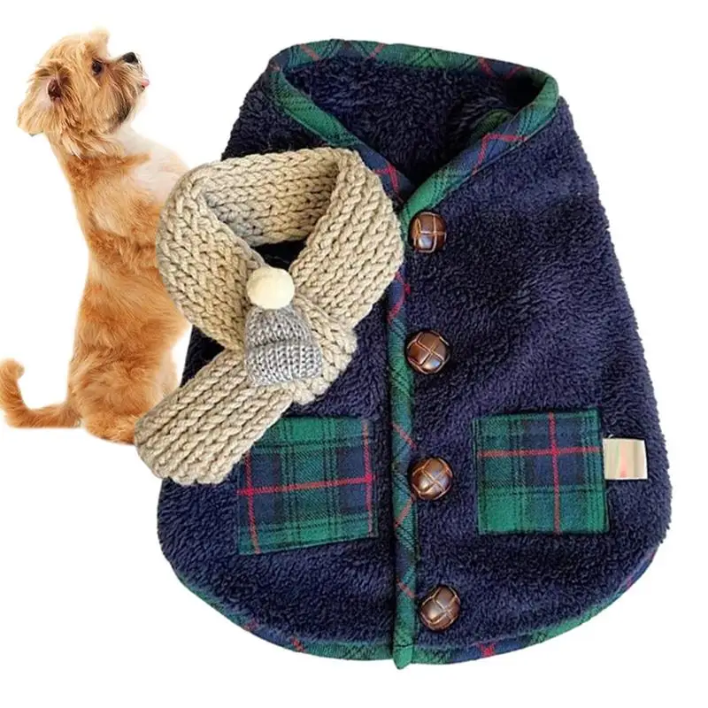

Зимний жилет для собак, Симпатичные коралловые флисовые пальто для собак, модные товары для домашних животных с узором в клетку и шарфом, идентификация для собак и кошек