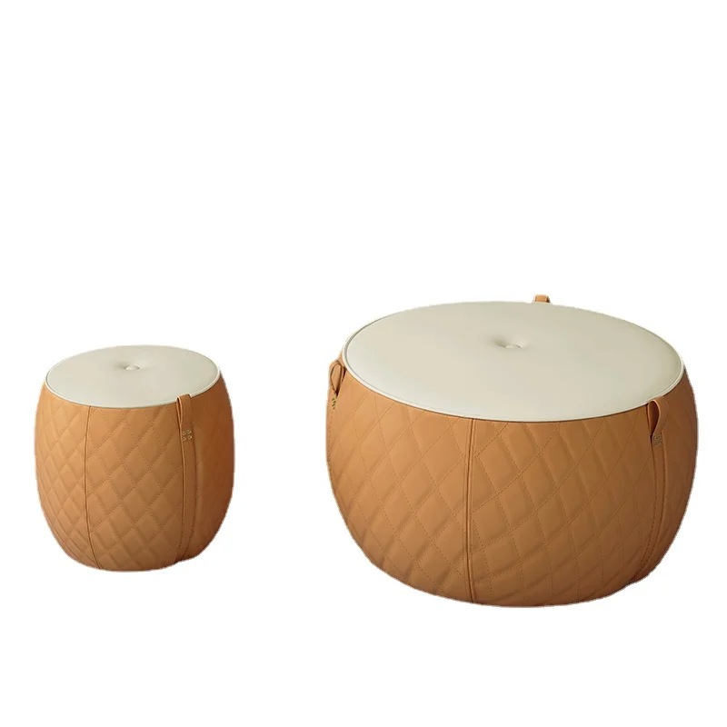 

ZL Stool Living Room Small Low Stool Leather Art round Stool Soft Sitting Footstool