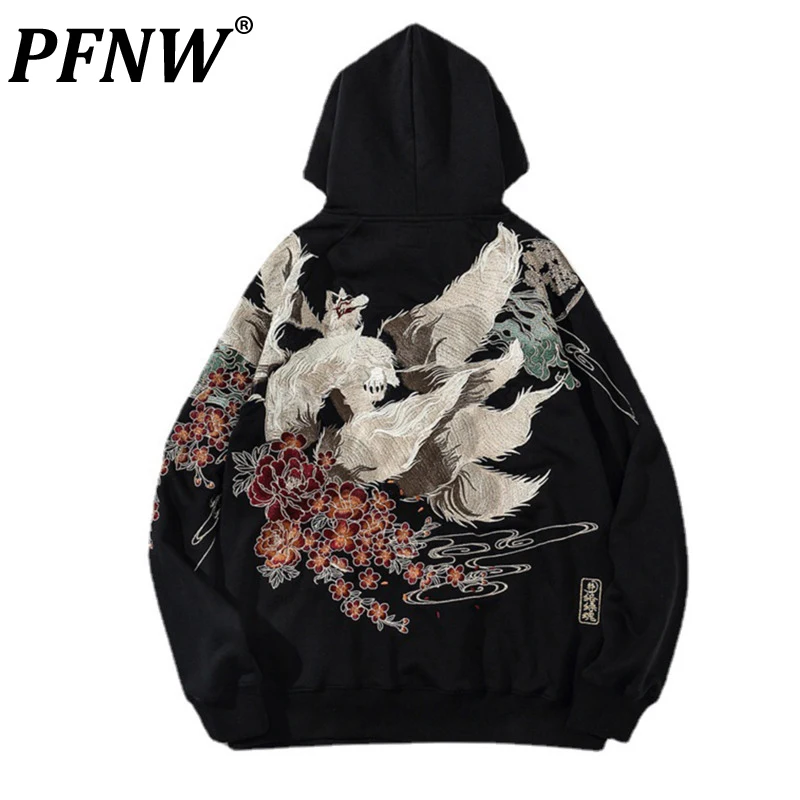 

PFNW Spring Autumn Men's Y2K Niche Design Hooded Sweater Trendy Full Width Embroidery Pullover Plush Cartoon Anime Coat 12A4355