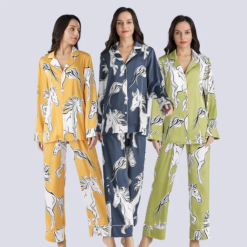 

Pajamas Set Women Lapel Nightwear Sleep Suit Home Dress Long Sleeves Ice Silk Print Shirt Pant Sleepwear Loose Cardigan