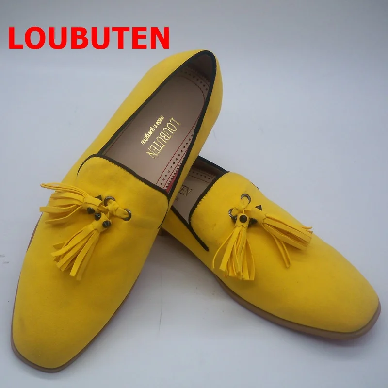 

LOUBUTEN Fashion Yellow Velour Slippers Velvet Loafers Men Dress Shoes Men's Tassels Flats Moccasin Casual Shoes