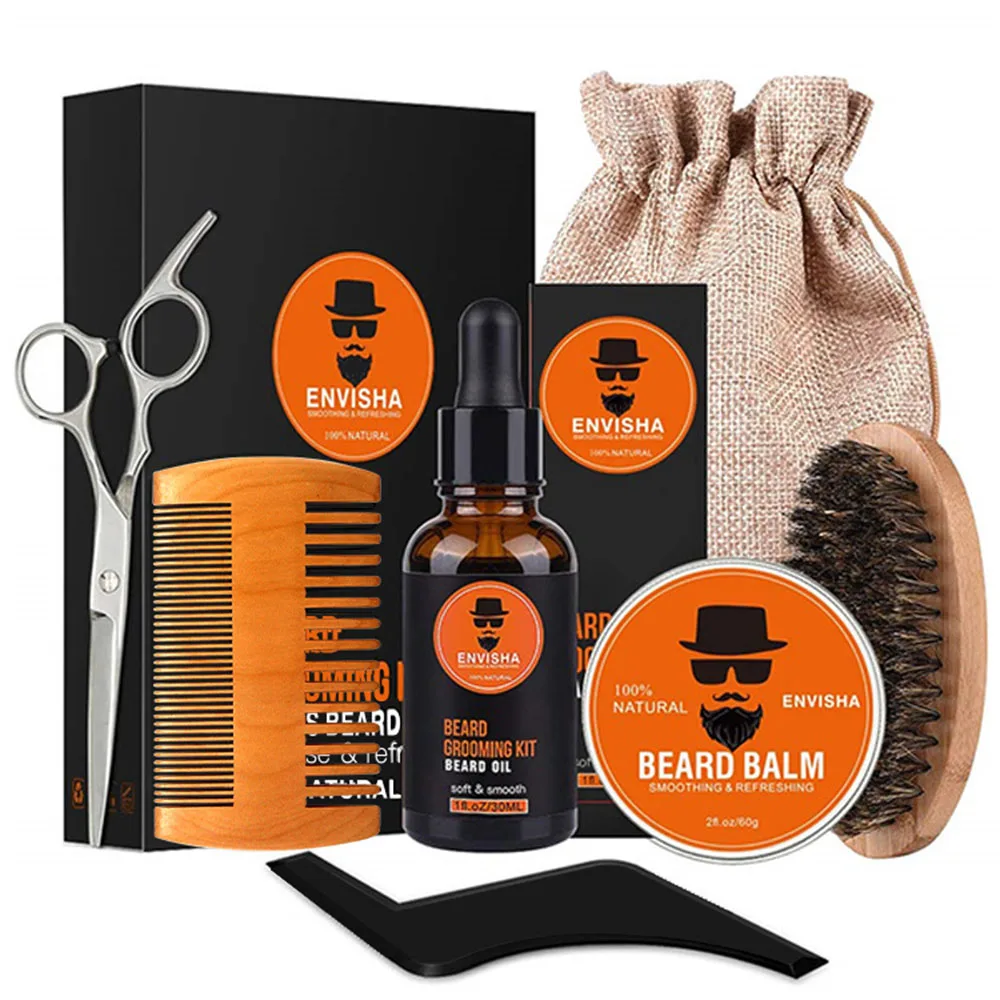 7pcs/Set Beard Grooming Kit For Men Beard Oil Essential Oil Balm With Scissor Comb Brush Beard Growth Kit Daily Care Kit