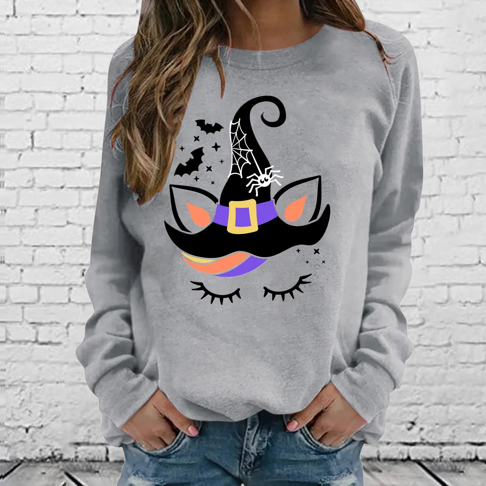 

Sweet Shirt Woman Halloween Womens Casual Long Sleeve Crew Neck Skeleton Printed Hoodless Pullover Sweatshirt Top Black Hoodie