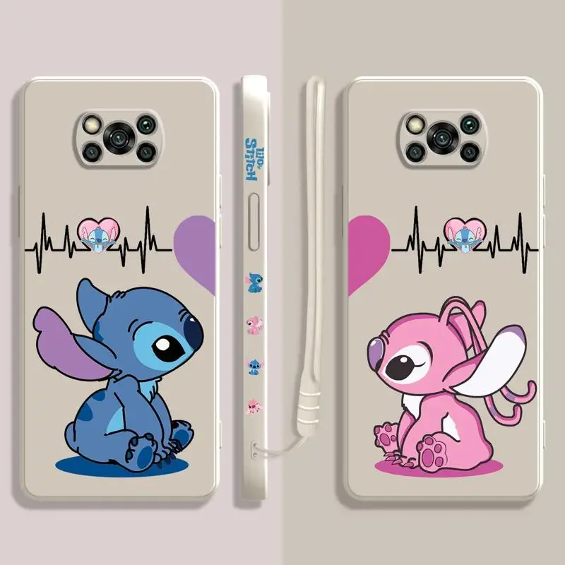 

Liquid Case For Xiaomi POCO X3 X4 NFC M3 M4 M5 Pro F3 GT for Mi 10 11 12 Lite 12T 10T Disney Stitch Angel Heartbeat Half Love