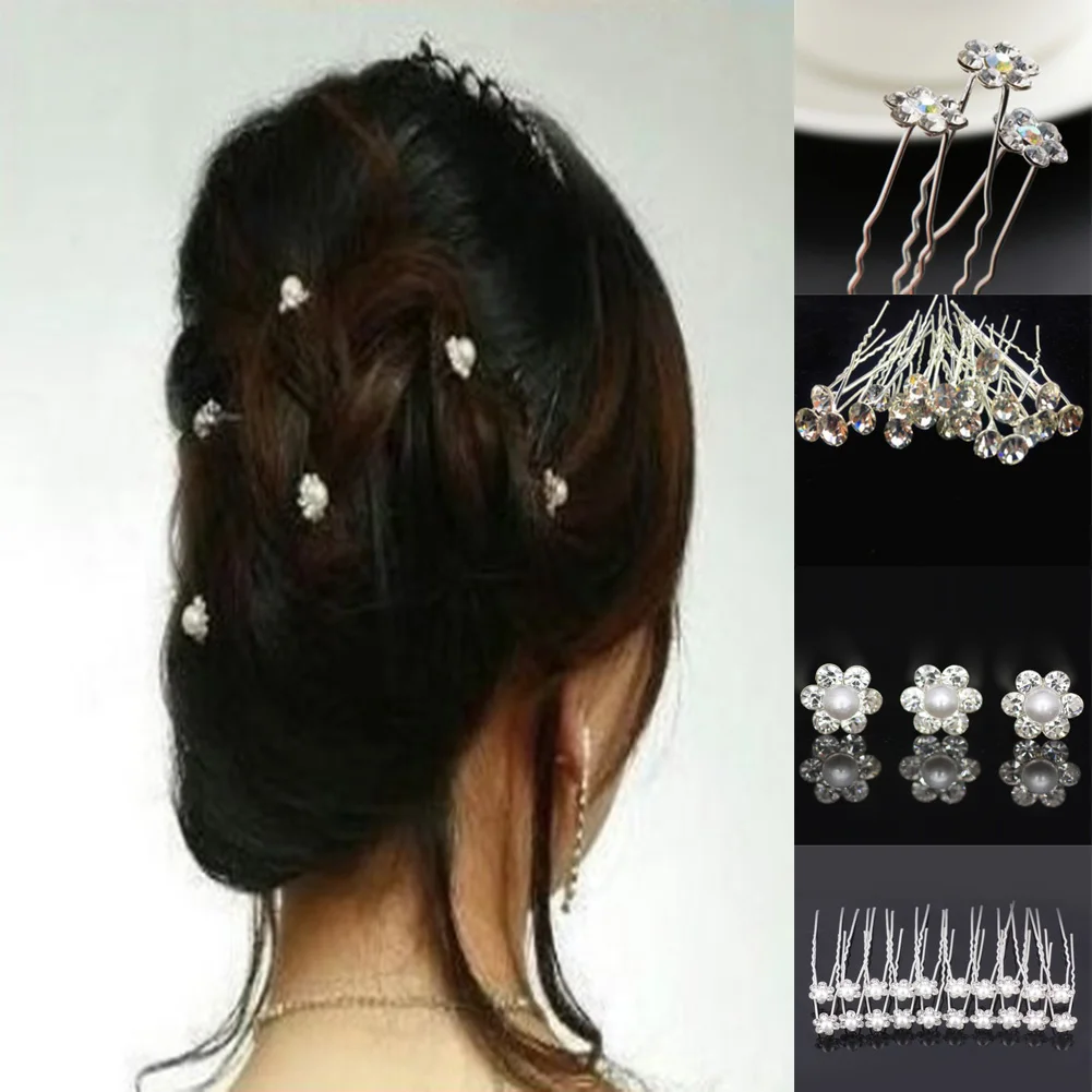 

20Pcs Alloy Pearls Flower Hairpins U-shaped Pin Metal Barrettes Elegant Bridal Hair Accessories Wedding Hairstyle Design Tools