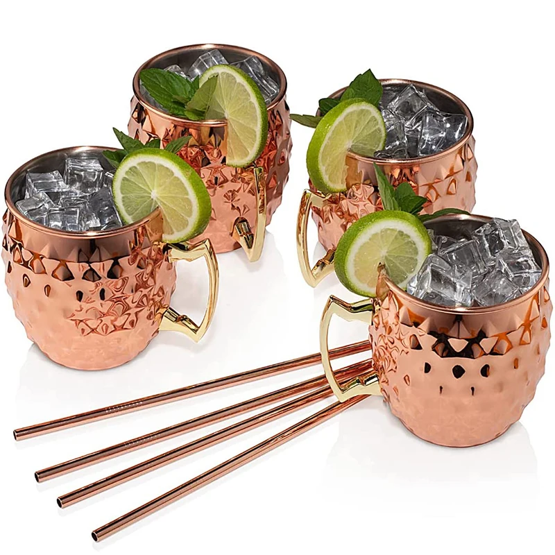 Набор из 4 медных кружек Московский Мул - 18 унций, с внутренним покрытием из нержавеющей стали, чисто позолоченные, с бриллиантовыми рисунками.