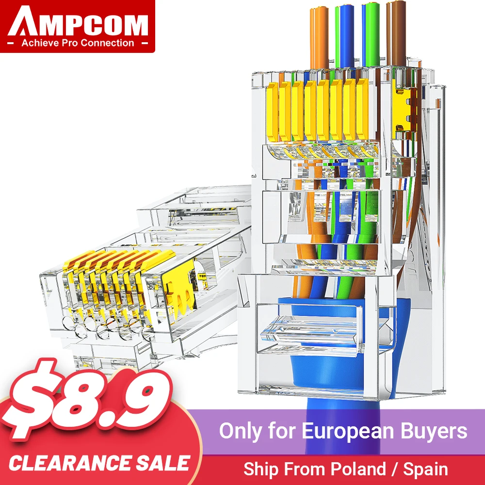 AMPCOM 100 шт. RJ45 разъем CAT5E CAT6 проходят через обычный rj45 модульный 50U позолоченный 8P8C