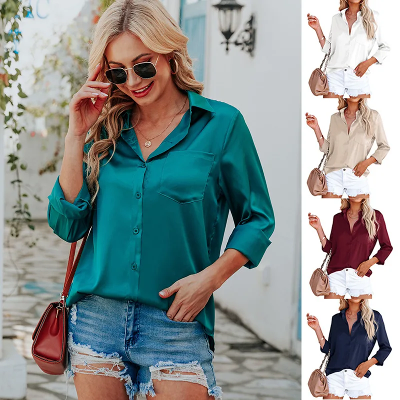 

European and American fashion women's clothing 2022 spring and summer new satin long-sleeved V-neck office business shirt women